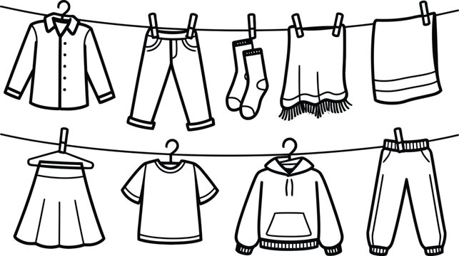 Hand drawn laundry hanging on clothesline coloring page vector illustration