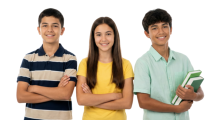 three smiling young students standing together with crossed arms and holding books a portrait of