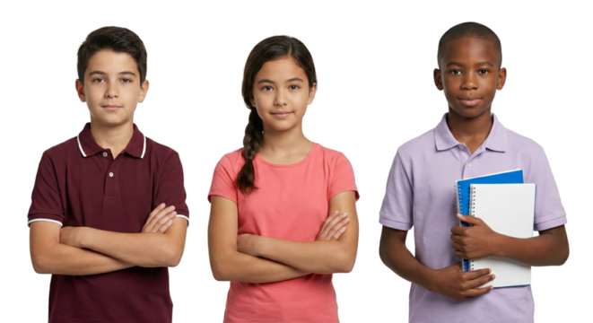 Diverse trio of school children standing confidently with books in isolation - Powered by Adobe