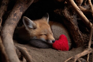 Naklejka premium Sleeping fox kit cuddling red heart in cozy woodland den
