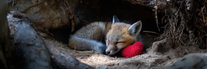 Obraz premium Sleeping fox cub resting on red heart in forest den