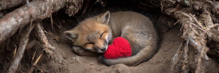 Obraz premium Sleeping fox cub in burrow with red heart-shaped object