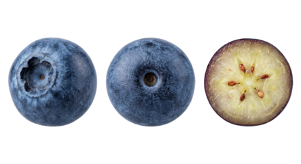 macro view of three fresh blueberries one sliced revealing seeds isolated on black