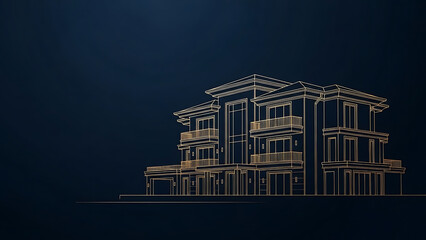 Abstract architectural rendering of a modern building at night with glowing lights and a dark blue background