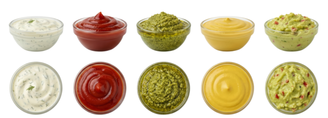 Collection of various dips and sauces artfully arranged in clear bowls on a plain background