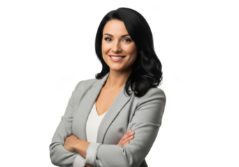 Professional woman in a light gray blazer with arms crossed smiling confidently isolated on transparent background