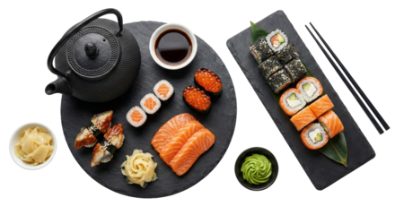 Exquisite Japanese sushi assortment featuring fresh salmon nigiri and maki rolls served with tea