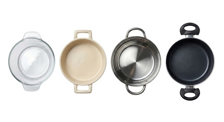 A collection of four assorted cookware items featuring diverse materials and designs isolated on a