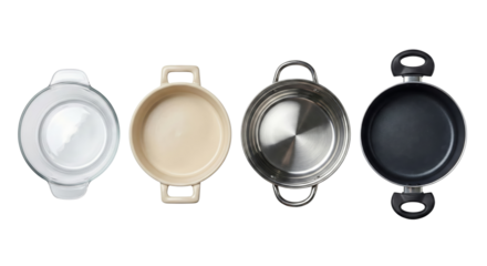 A collection of four assorted cookware items featuring diverse materials and designs isolated on a
