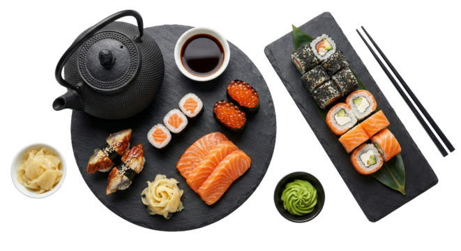 Exquisite Japanese sushi assortment featuring fresh salmon nigiri and maki rolls served with tea - Powered by Adobe