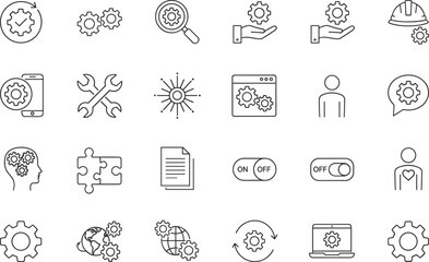 Minimalist line art technology and management icons featuring gears, tools, workflow automation, global settings, user interface elements, productivity and innovation symbols.