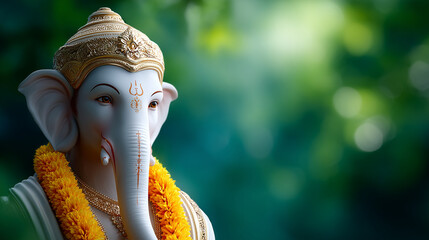 Divine ganesha statue adorned with golden ornaments and yellow flower garlands in serene forest atmosphere, detailed spiritual illustration ideal for cultural designs, posters, festival banners 