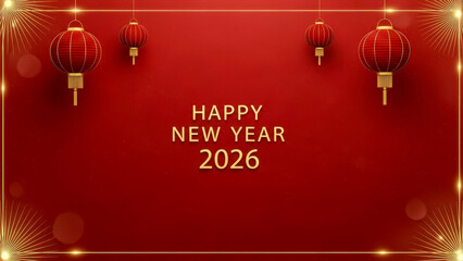 Naklejka premium Chinese New Year 2026 greeting card with red lanterns and elegant golden festive holiday design