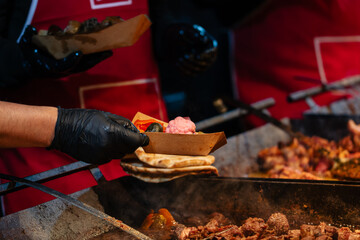 Traditional Romanian food at Bucharest Christmas Market. Tasty street food