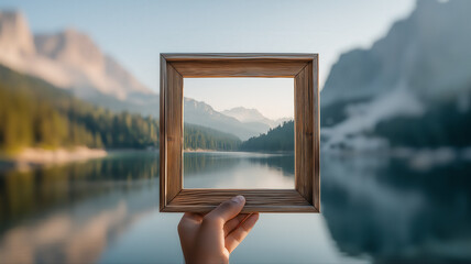 Fototapeta premium Hand holds empty frame in nature scene