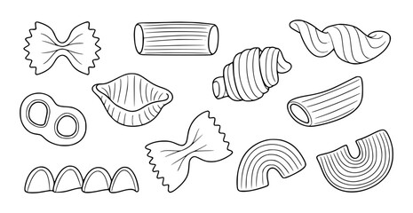 Black and white line of various pasta shapes and types farfalle penne