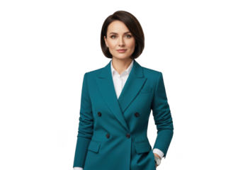 Professional woman in teal blazer and white shirt standing confidently isolated on transparent background