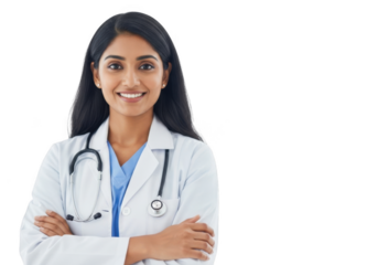 Smiling indian female physician wearing a white lab coat and stethoscope with arms crossed isolated on transparent background