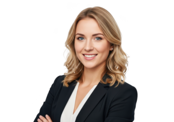 Professional businesswoman with blonde wavy hair smiling confidently wearing a dark blazer isolated on transparent background