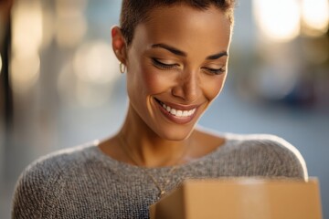 Happy woman smiling as she looks down at a small cardboard delivery box. Joy of receiving a package.