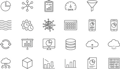Modern data analytics and technology line icon set featuring charts, cloud computing, dashboards, database systems, workflow automation, and digital reporting tools.