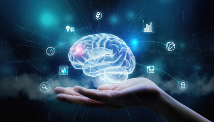 Glowing hologram of AI brain is held in hand, surrounded by various digital icons representing technology, data, and innovation. This evokes sense of futuristic intelligence and creativity