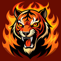 A ferocious tiger with sharp teeth surrounded by swirling fire 