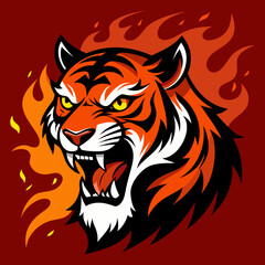 A ferocious tiger with sharp teeth surrounded by swirling fire 