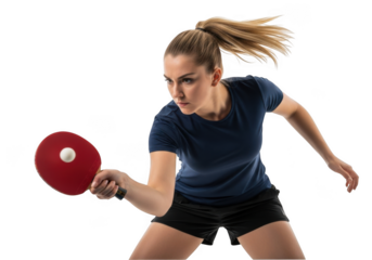 Energetic female athlete in motion playing table tennis with intense focus isolated on transparent background