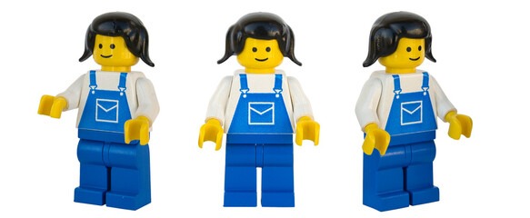 Fototapeta premium Figura de mujer cartera de LEGO oficial. Tres posturas. Imagen aislada