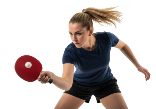 Energetic female athlete in motion playing table tennis with intense focus isolated on transparent background - Powered by Adobe