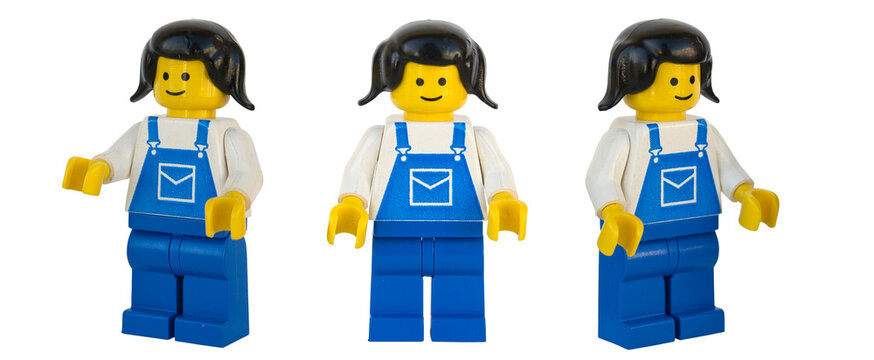 Figura de mujer cartera de LEGO oficial. Tres posturas. Imagen aislada