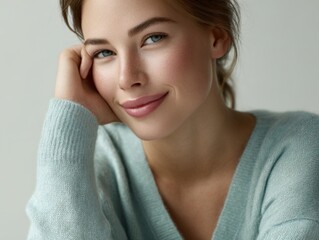 Woman in a soft pastel blue cashmere sweater smiling brightly and resting her chin on her hand. Concept of comfort and relaxation.