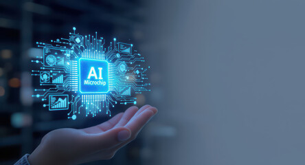 Hand holding glowing AI microchip surrounded by digital icons and circuits, symbolizing technology and innovation. image conveys sense of advancement and futuristic concepts