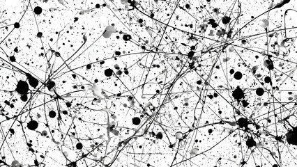 Black and white ink splatter abstract artwork, clean white background, many thin black paint lines and circles crisscrossing the canvas