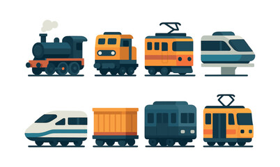 Train collection, locomotives and carriages, flat vector illustration