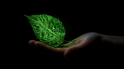 Hand holds glowing green leaf with intricate circuit patterns, symbolizing fusion of nature and technology. This captivating image evokes sense of innovation and sustainability