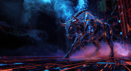 Powerful cybernetic bull stands in futuristic digital landscape, surrounded by vibrant neon colors and smoke. scene conveys strength and innovation, embodying blend of technology and nature