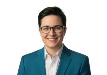 Smiling professional person wearing teal blazer and white shirt with glasses isolated on transparent background