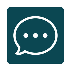 White speech bubble icon with three dots on teal square background chat message isolated on a transparent background