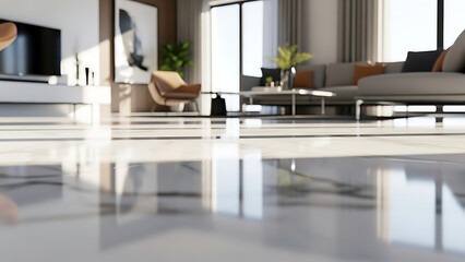 Luxurious modern living room interior with polished tile floors reflecting light and elegant furniture creating a warm inviting atmosphere