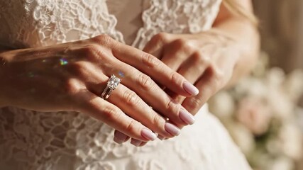 Woman hands diamond engagement ring wedding band lace dress elegant jewelry accessory