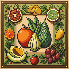 Exotic fruits arrangement in decorative border