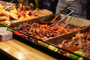 Traditional Romanian food at Bucharest Christmas Market. Tasty street food