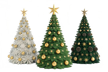 Fototapeta premium Three stylized Christmas trees, left white, center green, right dark green, adorned with gold ornaments and stars, isolated on white, festive, bright. 