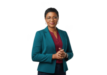 Professional african american woman in teal blazer and burgundy top smiling confidently isolated on transparent background