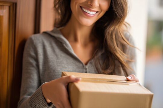 Smiling woman receiving a package delivered to her door. Expressing joy and satisfaction.