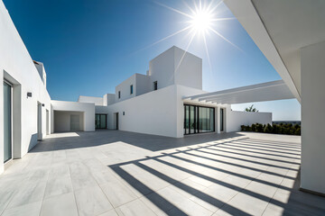 Modern white architecture with bright sunlight and shadow patterns