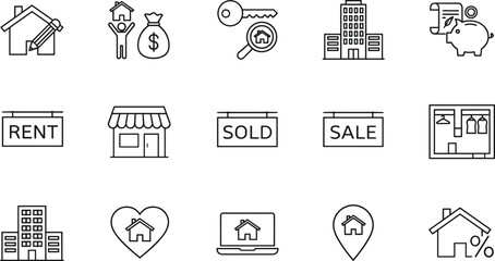 Modern real estate line icon collection featuring property search, rent and sale signs, buildings, investment symbols, and home buying concepts for professional use.