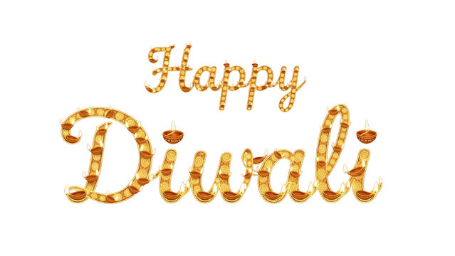 Happy diwali text with diyas and lights isolated on transparent background for festive greetings, cards, and celebrations
